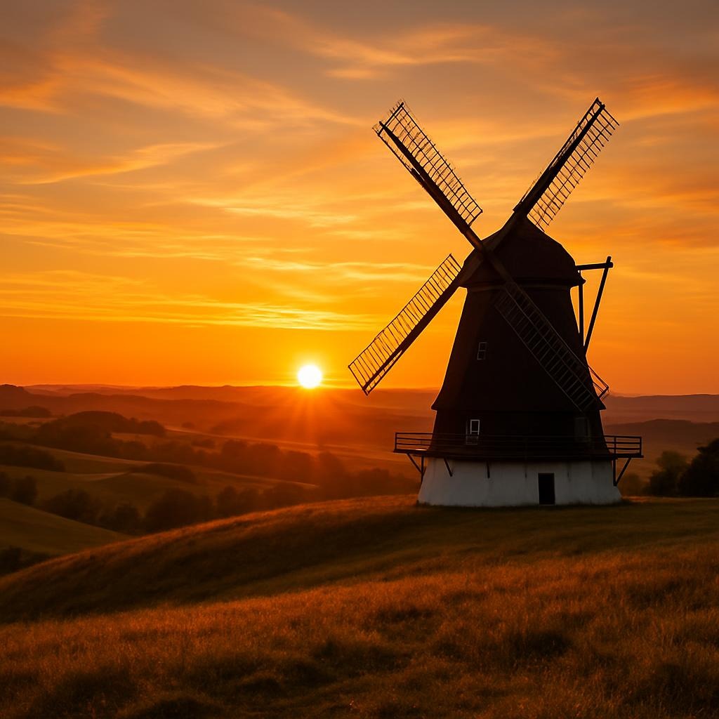 Windmill on a hilltop at sunset